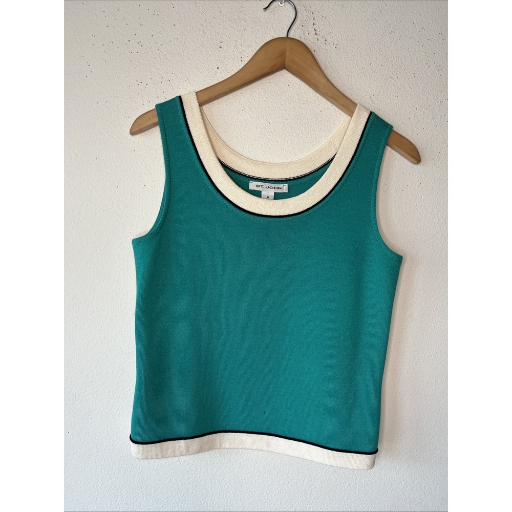 Vtg St. John Green Cream Tank Top Santana Knit Pullover Crop Sz P Classic Preppy
